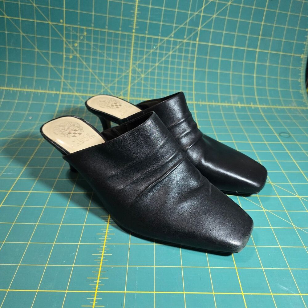 Vince Camuto Women's Black Leather Ruched Slip On Kitten Heel Mules Size 9.5 M